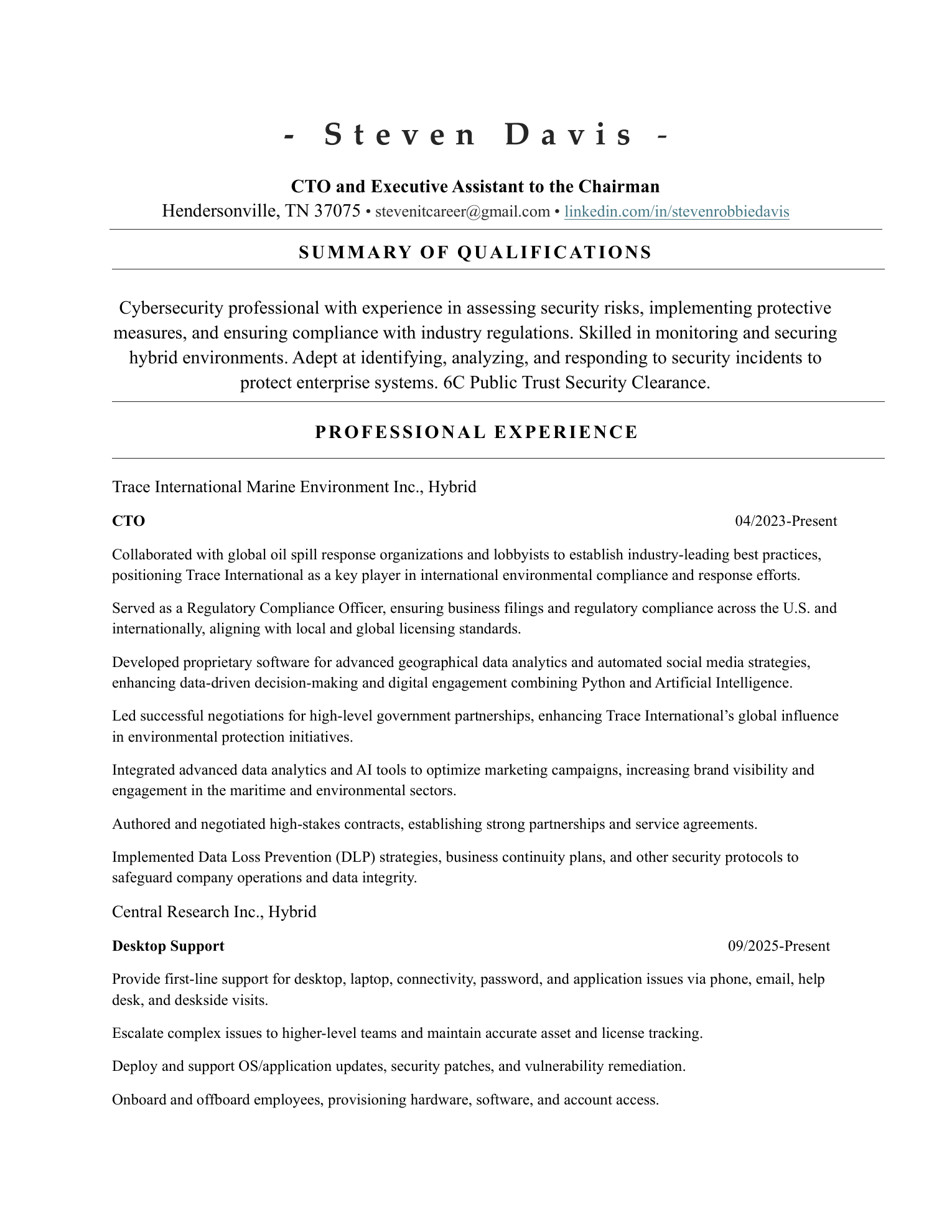 Steven Davis resume, page 1: summary of qualifications and professional experience