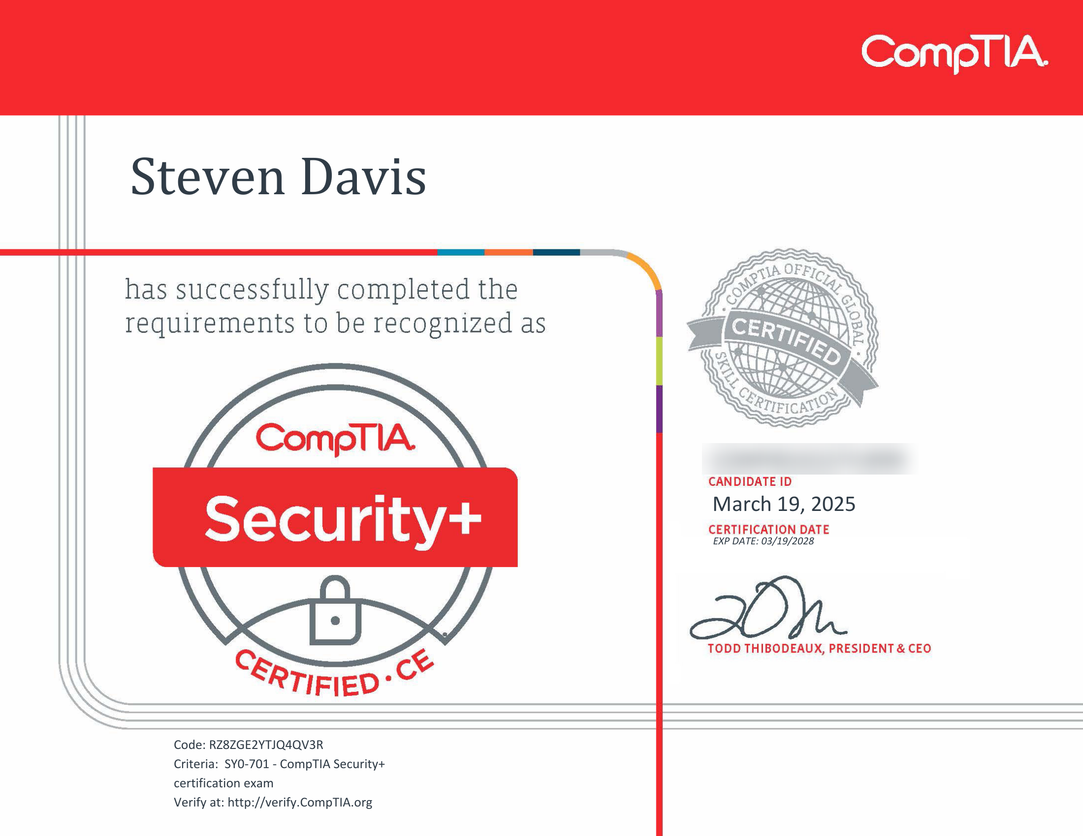 CompTIA Security+ ce certificate for Steven Davis, certified March 19, 2025, expires March 19, 2028. Verification code RZ8ZGE2YTJQ4QV3R, verifiable at verify.comptia.org